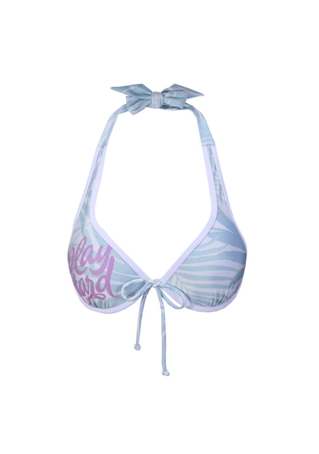 杏色-MIX&MATCH泳衣上身 <23501585>淺藍色露背比基尼上衣,熱帶葉子圖案、白色飾邊、前系帶,左側罩杯上有粉紅色「Play Hard」字樣。.