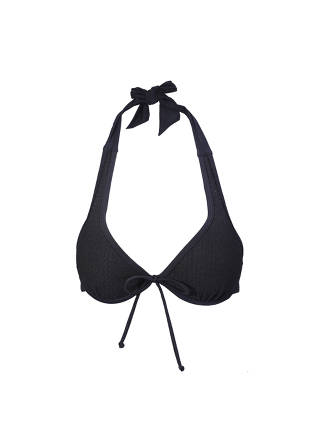 黑色-MIX&MATCH泳衣上身 <23501587>,halter-neck設計,附頸部蝴蝶結綁帶與前方細繩綁帶,陳列於純白背景。.