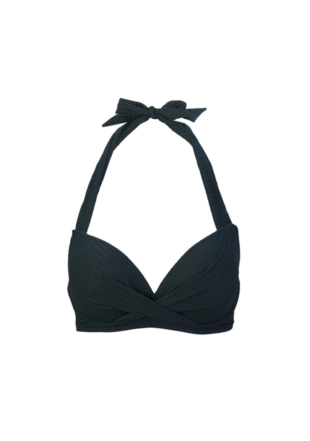 深綠色 MIX&MATCH 比基尼上衣 <23511572>,露肩領口、扭轉交叉前襟、頸部系帶,以白色為背景。.