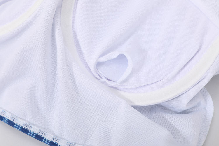 藍色-MIX&MATCH泳衣上身特寫 <23551695>,白色運動胸罩,圓形內開口可拆卸襯墊,柔軟布料,藍白圖案彈性帶,適合搭配您最喜愛的藍格紋泳衣,打造經典日系泳衣造型。.