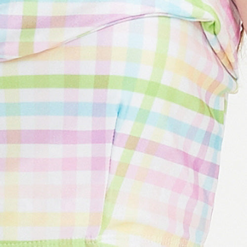 粉色、黃色、綠色和藍色的粉色格子布特寫,彎曲的接縫和柔軟的褶皺 - 適合彩色格紋-MIX&MATCH泳衣上身 <23551696> 可調式肩帶。.