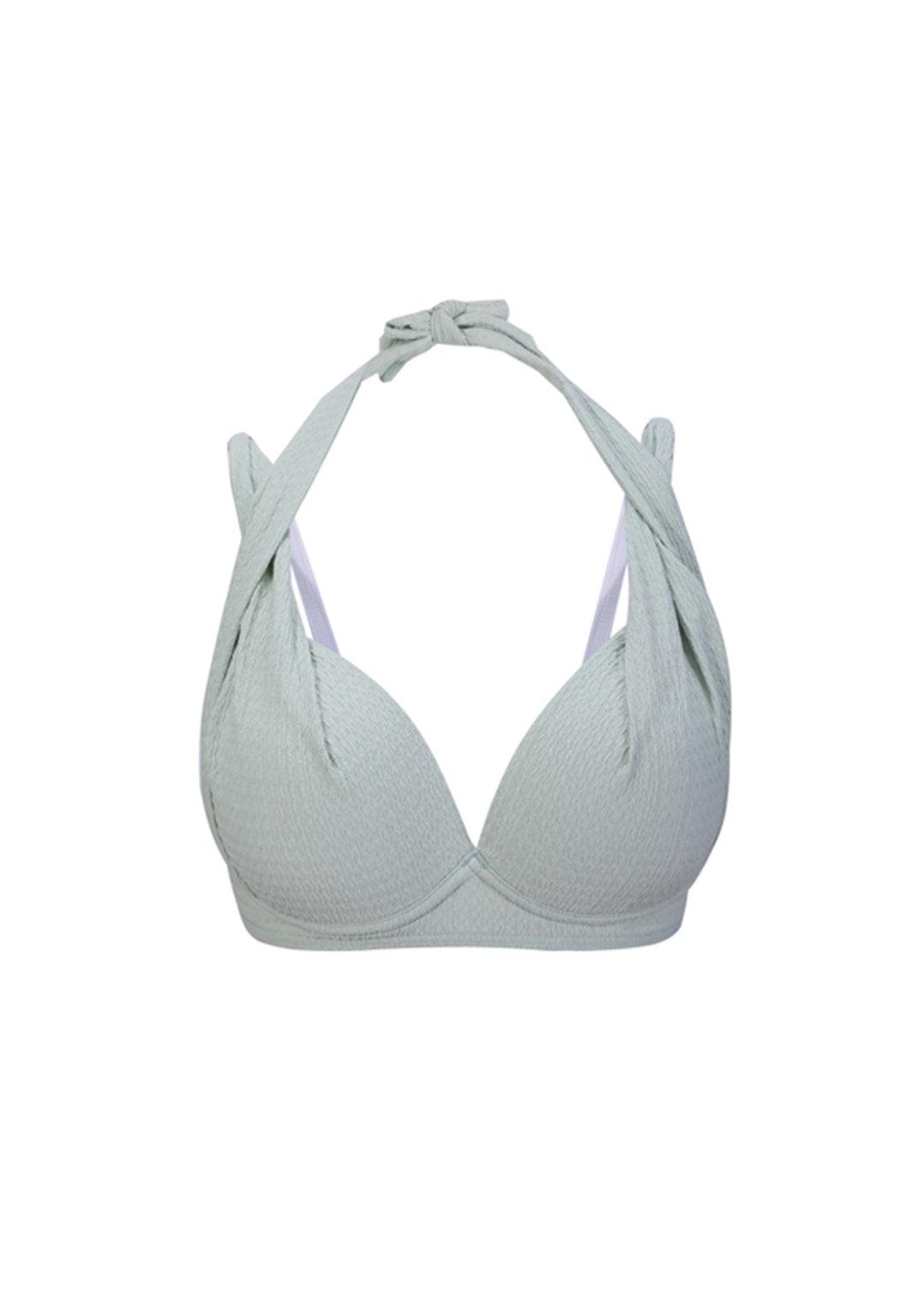 青綠色雙帶舒適MIX&MATCH泳衣上身<23611588>採用淺綠色紋理設計,模壓罩杯提供支撐,雙寬肩帶和露頸綁帶。理想的大杯泳衣,顯示在白色背景上。.