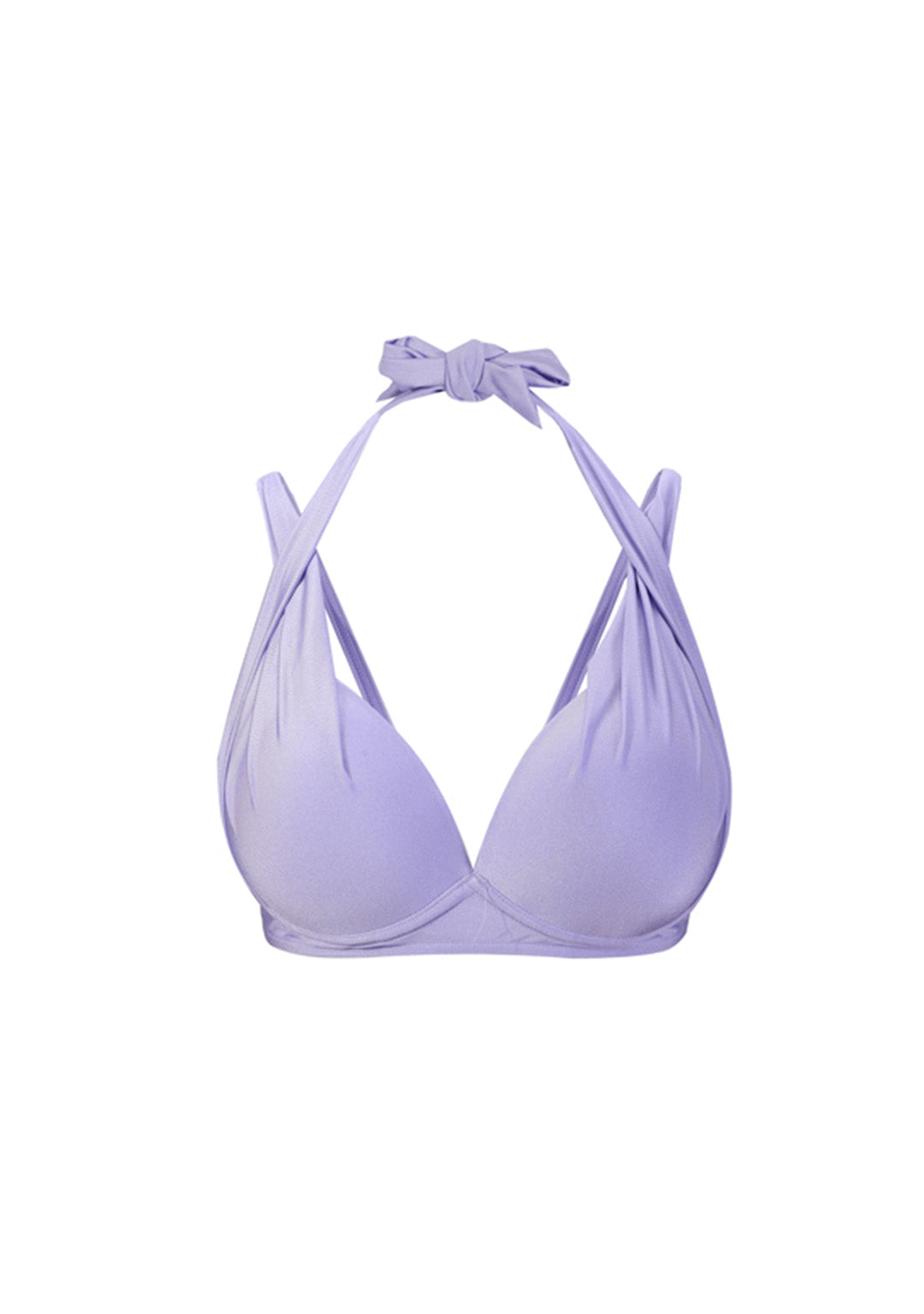 粉紫色雙帶舒適mix&match泳衣上身(型號23611590),採用薄紫色鋼托設計,雙帶造型、繞頸繫帶與立體杯罩,於白色背景展示。.
