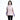 一位深色頭髮的女性穿著粉紅色撥水防風外套 <20221670-20>，淺粉紅色外套上有白色和紫色的點綴，面朝前方站立在純白背景中，微微向右微笑。.