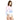 一位女士為白色緊身開胸防曬泳衣 <28930932-B7>做模特兒，這是一件長袖的白色 UPF50+ 防曬衣，上面有粉紅色和藍色的圖案，搭配珠片比基尼下半身--最適合在海上運動--在純白的背景下。.
