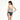 一位女士面朝遠方，身穿深藍色三件套日本製泳衣 <134506-TQ>：流蘇與印花的露肩比基尼上衣，外加藍色紮染比基尼下裝。背景為純白。.