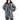 穿著黑色超薄防風外套 <20121220-101> 的女性，長袖防潑水連帽外套，飾有黑白縱向之字形條紋，搭配灰色褲子，雙手插在外套口袋中。.