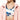 Person wearing a pink jacket over a colorful sports bra and leggings on a white background