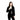 一位棕色長髮的女性，身穿黑色彈性透氣撥水風外套 <20221548-01>，外罩黑色上衣和褲子，站在純白背景下，對著鏡頭溫柔地微笑。.
