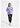 A woman stands against the white background wearing a 粉紫色撥水外套 <20221669-50> with a teal pocket, black leggings, and white sneakers，展現戶外時尚與女性戶外裝備的獨特魅力。.