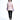 一位女士站在白色背景下，身穿粉紅色撥水防風外套 <20221670-20>，搭配黑色緊身褲和白色運動鞋。她微微側頭，溫柔地微笑著。.