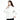 棕色長髮的女子，穿著白色撥水防風外套 <20221676-10> 與透氣裡布，站立在素白背景中。一隻手放在她的領子附近，另一隻手放在她的臀部，她微微地看向一邊。.
