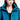 Woman wearing a blue jacket with a visible brand logo on a white background
