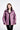 Woman wearing a purple raincoat on a white background