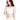 一位棕色長髮的女士為白色 3 件套裝運動泳衣 <21221351>做模特兒，她穿著淺藍色與白色相間的運動胸罩和相襯的下裝，站在白色背景中，用一隻手靠近臉部溫柔地微笑。.