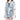 一位女士穿著粉藍色背心吊帶 3 件裝連身背心泳衣 <22211628>，內搭白色洋裝，洋裝上有藍色花朵、七分袖和流線裙，打造時髦的海灘造型。.