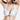 一位女士為杏色-MIX&MATCH泳衣上身 <23501585>做模特兒，這是一件淺藍色和白色圖案的露肩比基尼上衣，有繩子綁著，一側印有 "play hard "字樣。在素色背景下，她的臉部分在畫框外。.