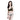 一位深色長髮的女性，穿著卡其色-MIX&MATCH泳衣上身 <23511476>和圖案比基尼下身，站在白色背景下，左手放在身旁，面帶微笑。.