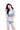 一位棕色長髮的女性，身穿天藍色-MIX&MATCH泳衣上身 <23511478>，站在白色背景下，閉著眼睛，面帶微笑，並用一隻手摸著頭髮。.