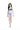 一位深色長髮的女性，穿著彩藍色-MIX&MATCH泳衣上身 <23531483>比基尼上衣和無鋼圈泳衣設計的藍白條紋下身，赤腳站在純白背景中。.