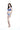 一位長髮女子赤腳站在白色背景前，身穿彩藍色-mix&match泳衣上身（23531483），上有白色字樣，下搭配藍白條紋下裝，自信擺姿，一手叉腰、一手自然垂放。.