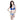 一位深色長髮的女性站在白色背景中，身穿彩藍色-MIX&MATCH泳衣上身<23531483>和藍白條紋高彈力游泳底褲，面帶微笑。.