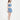 一位女子赤腳站在白色背景上，身穿藍色-MIX&MATCH泳衣上身 <23551695> crop top。她俏皮一笑，微微朝左，散發日系泳衣的魅力。.