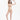 一位身穿米色比基尼、杏色搭帶MIX&MATCH泳衣下身<24151601>的女性在白色背景下赤腳擺姿勢，一隻手臂抬起，另一隻手臂彎曲，微微笑著看著鏡頭，修飾身材的媚態。.