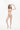 一位身穿米色比基尼、杏色搭帶MIX&MATCH泳衣下身<24151601>的女性在白色背景下赤腳擺姿勢，一隻手臂抬起，另一隻手臂彎曲，微微笑著看著鏡頭，修飾身材的媚態。.