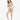 一位深色長髮的女性在純白背景下擺姿勢，身穿 杏色搭帶MIX&MATCH泳衣下身 <24151601>，上身為裹身式設計，下身為高腰設計，非常合身。她微微笑著，單腳站立。.