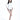 女子身穿白色緊身低企領開胸防曬泳衣<28941099-L10>和黑色圖案比基尼底褲，赤腳站在白色背景上，完美的水上活動，雙手放在臀部，微微笑著。.