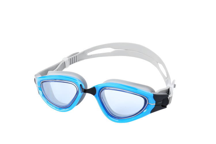藍色泳鏡 <29511325-pg43>，配備透明鏡片與可調式白色鏡帶，適合休閒游泳，展示於白色背景。.