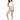 在白色背景上，一位女士穿著白色一字肩日本製泳衣 <450301-WT>--白色露肩泳衣搭配藍色花朵比基尼底褲。她赤腳站著，輕鬆地看著鏡頭，一隻手摸著頭髮。.