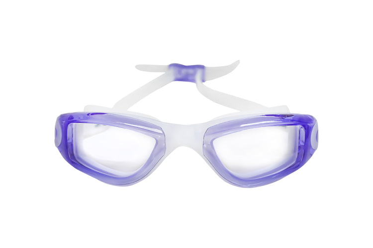 一對粉紫色泳鏡 <29511328-PP50>，透明鏡片、白色鏡帶、紫色鏡圈，設計舒適，以純白色為背景。.