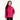 一位深色長髮的女性，穿著玫紅色撥水防風外套 <20221543-23>，戴著兜帽，非常適合戶外活動或行山。她站在白色背景下，一隻手插在口袋裡，對著鏡頭微微笑著。.